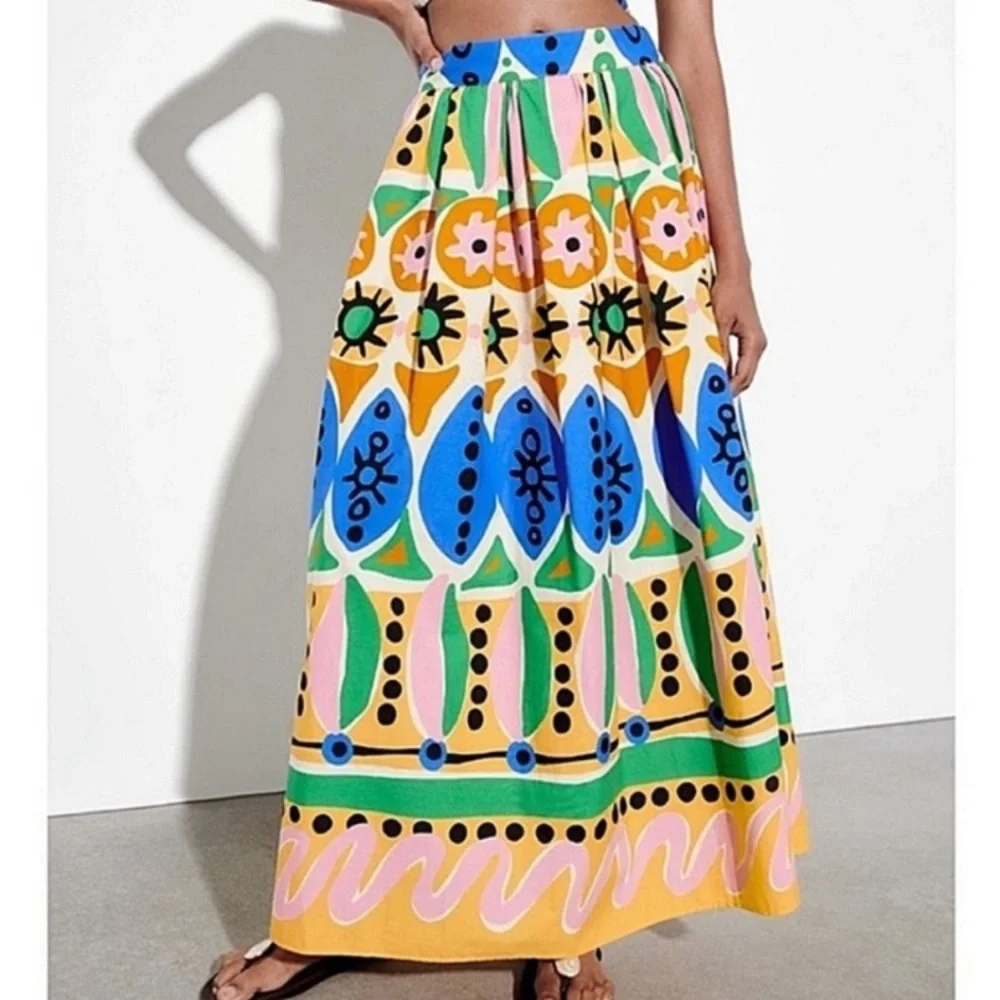 ZARA Colorful Cotton Abstract Batik African Print Pleated Maxi Skirt - Picture 12 of 13